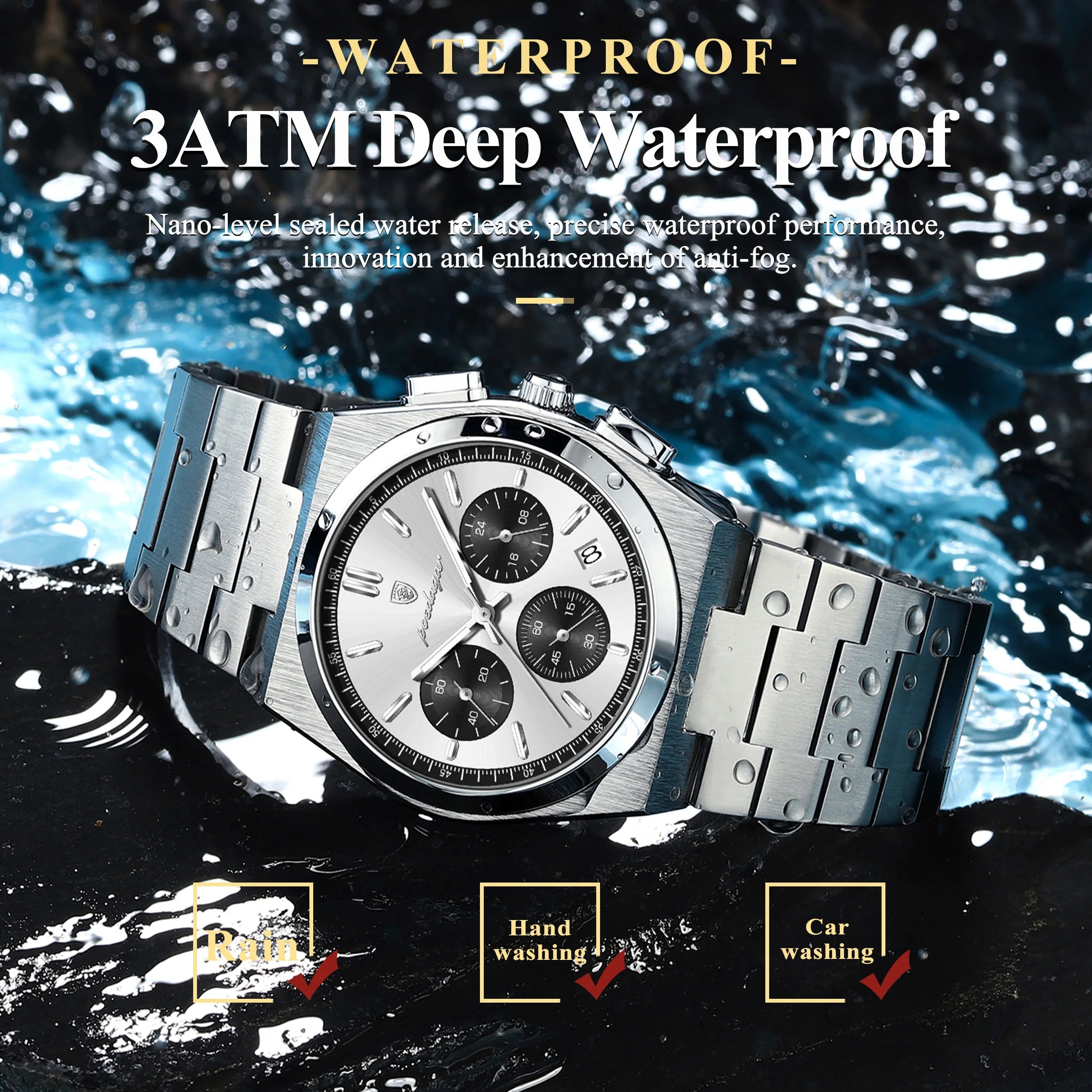 Chronograph Watch – Luminous Numberless Dial with Hidden Clasp