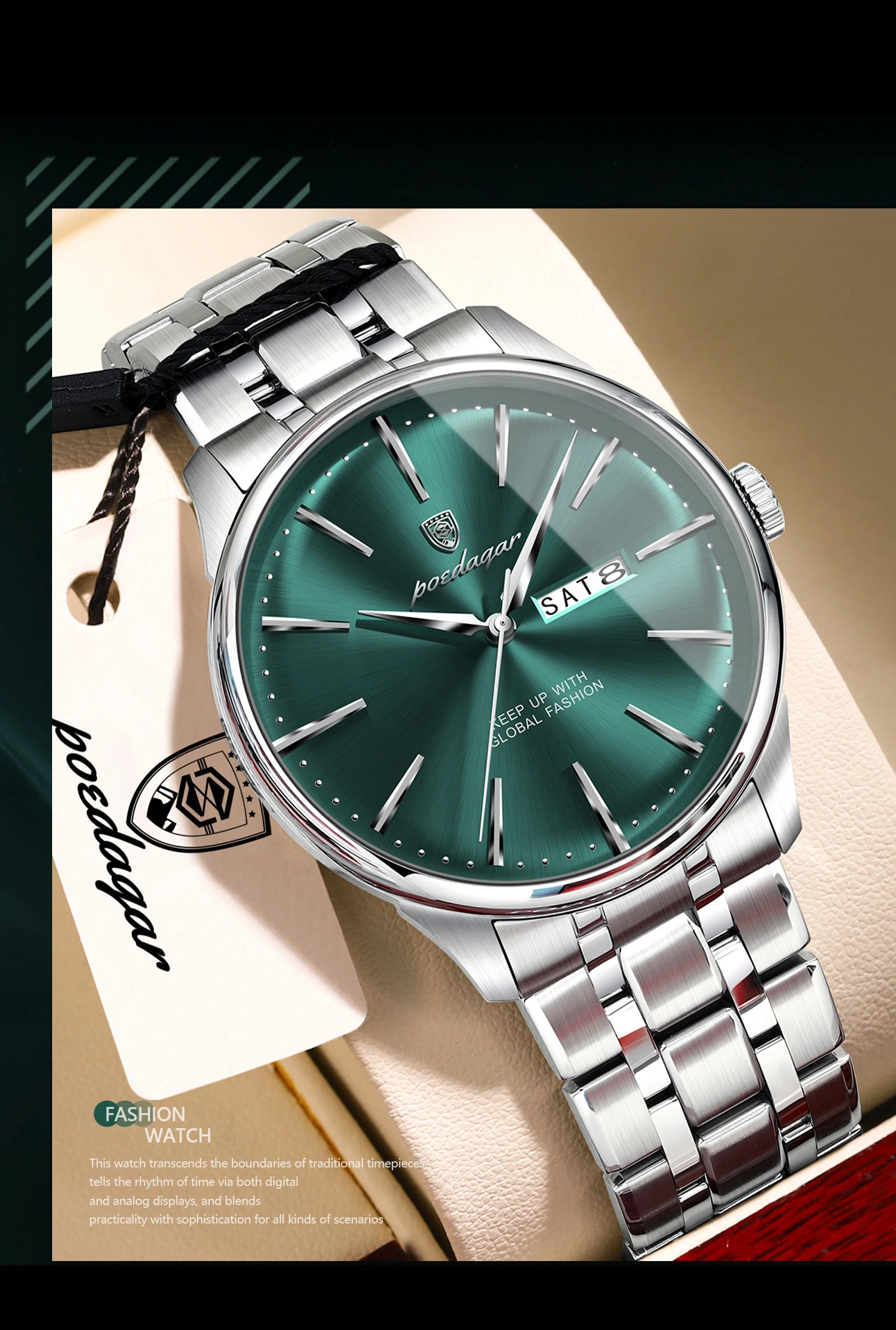 Full Calendar Stainless Steel Watch – Date & Week Display with Hidden Clasp