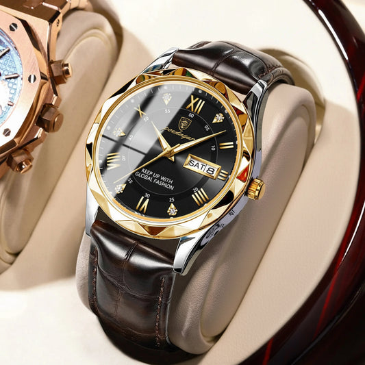 Roman Numeral Full Calendar Watch – Leather Strap with Date, Week & Luminous Dial