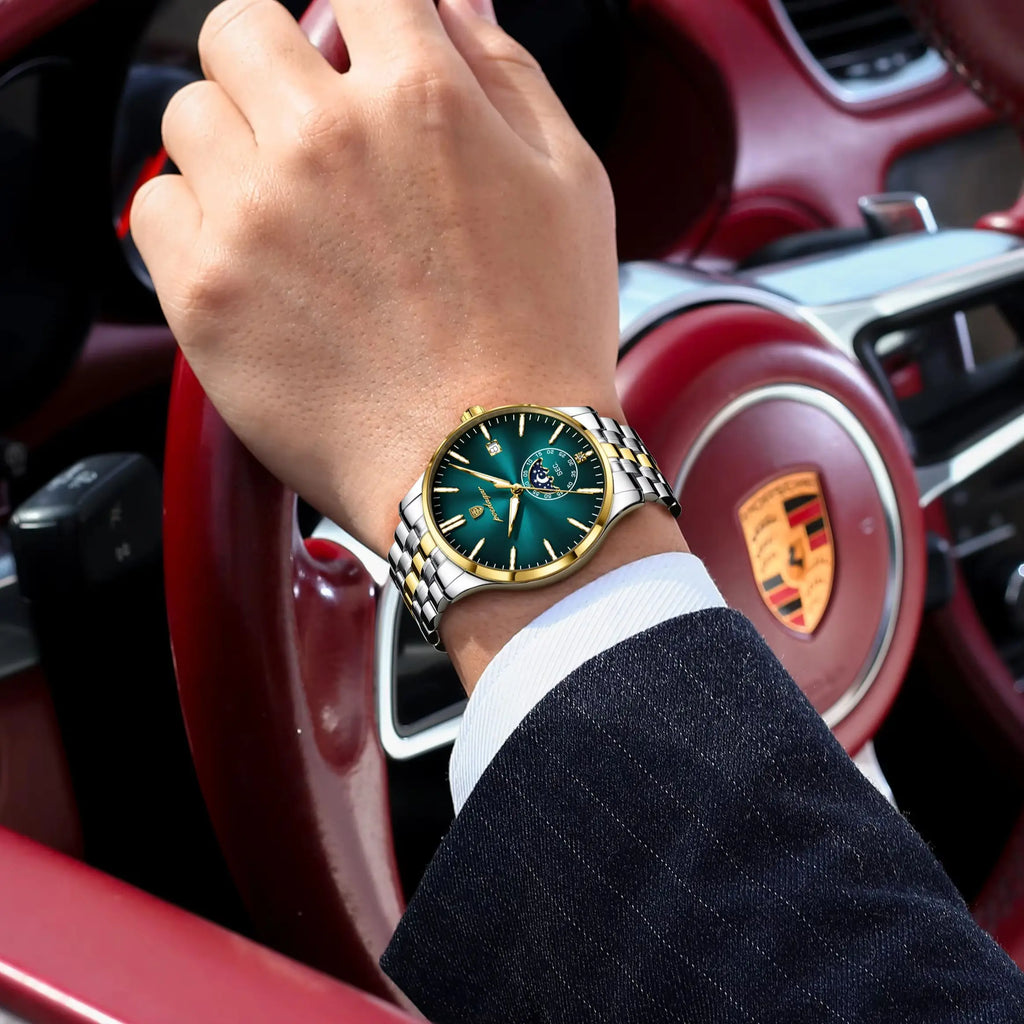 Round Business Chronograph – Slim Stainless Steel Watch with Luminous Hands & Date