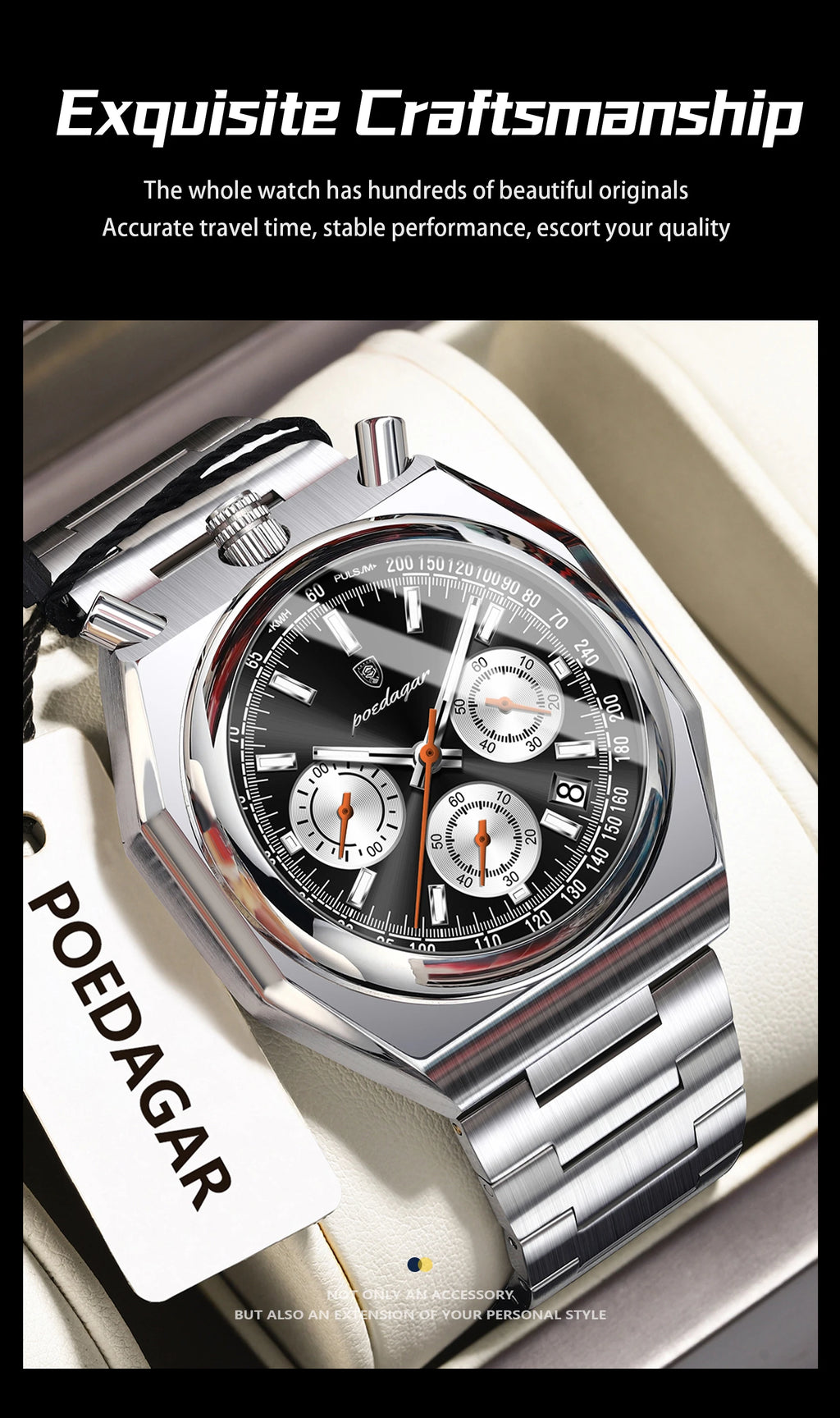 Irregular Chronograph Watch – Bold Numberless Dial with Hidden Clasp Bracelet