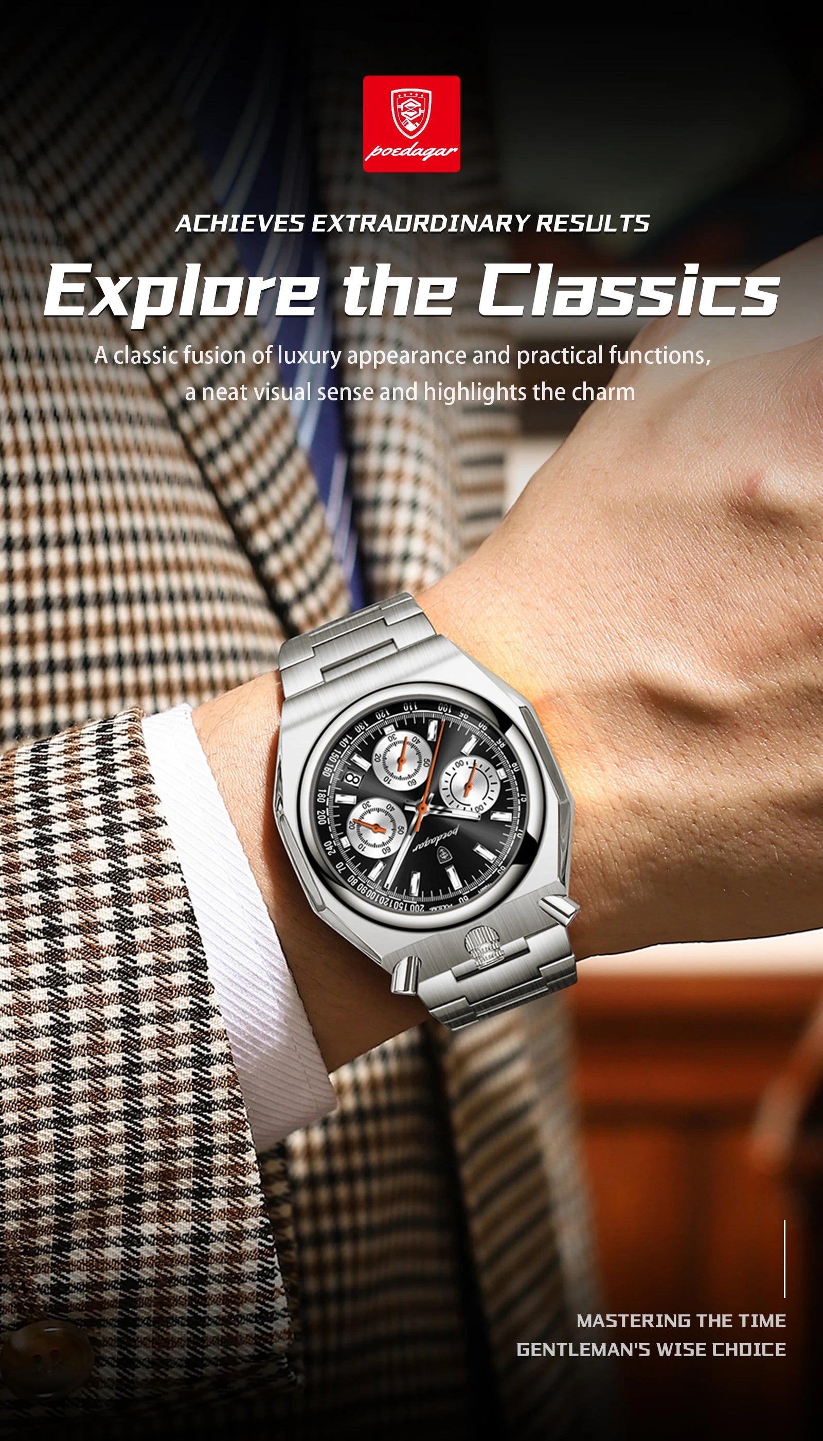 Irregular Chronograph Watch – Bold Numberless Dial with Hidden Clasp Bracelet
