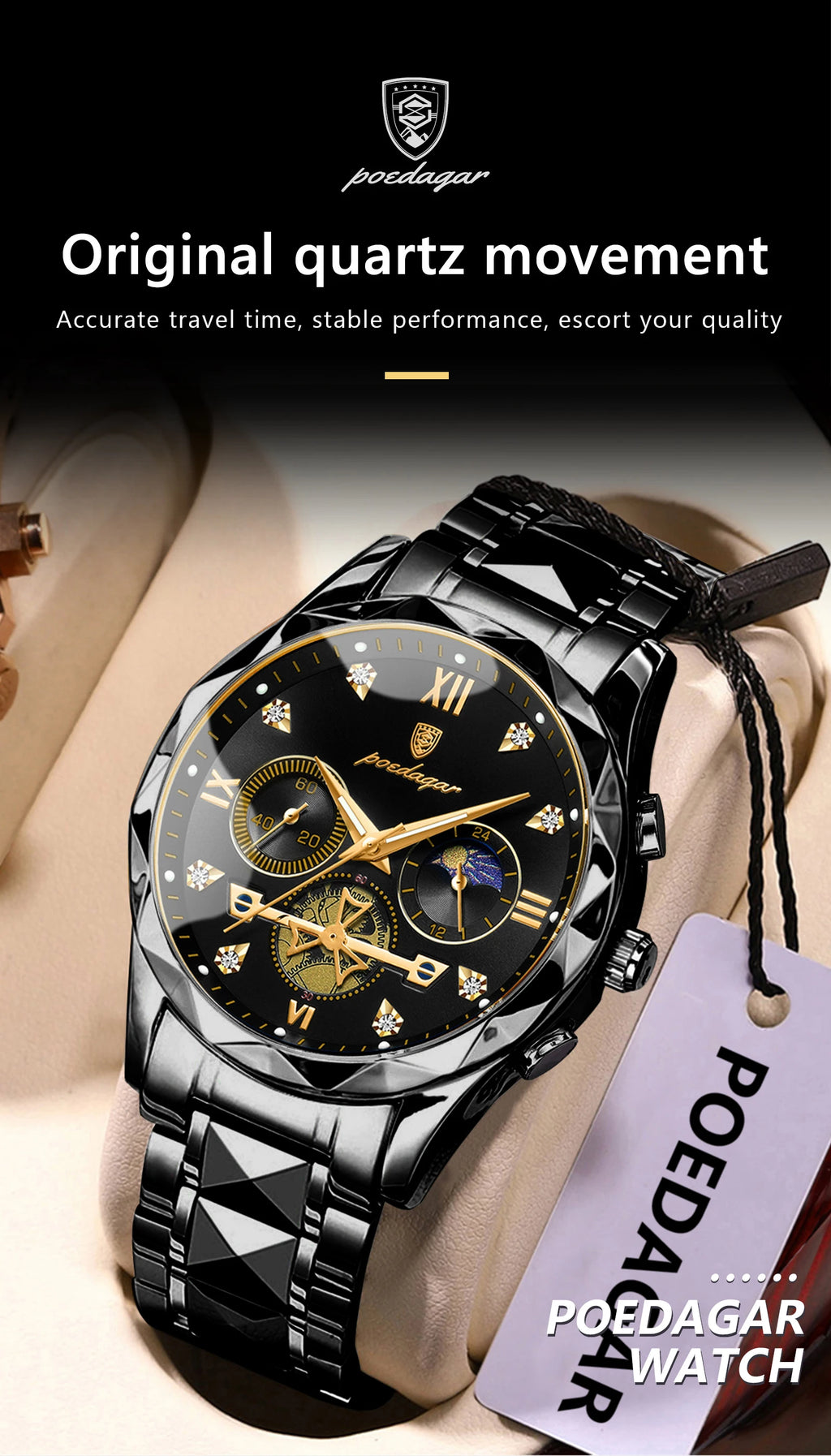 Round Chronograph Watch – Roman Numeral Dial with Hidden Clasp Bracelet