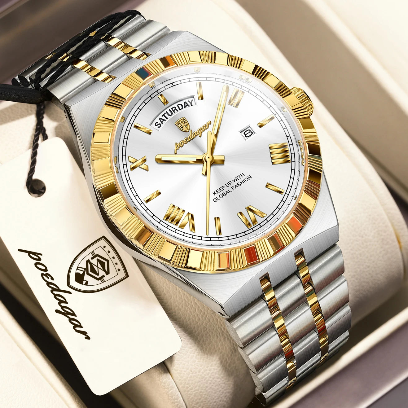 Luxury Business Chronograph – Day, Date, Luminous Dial, Steel Bracelet