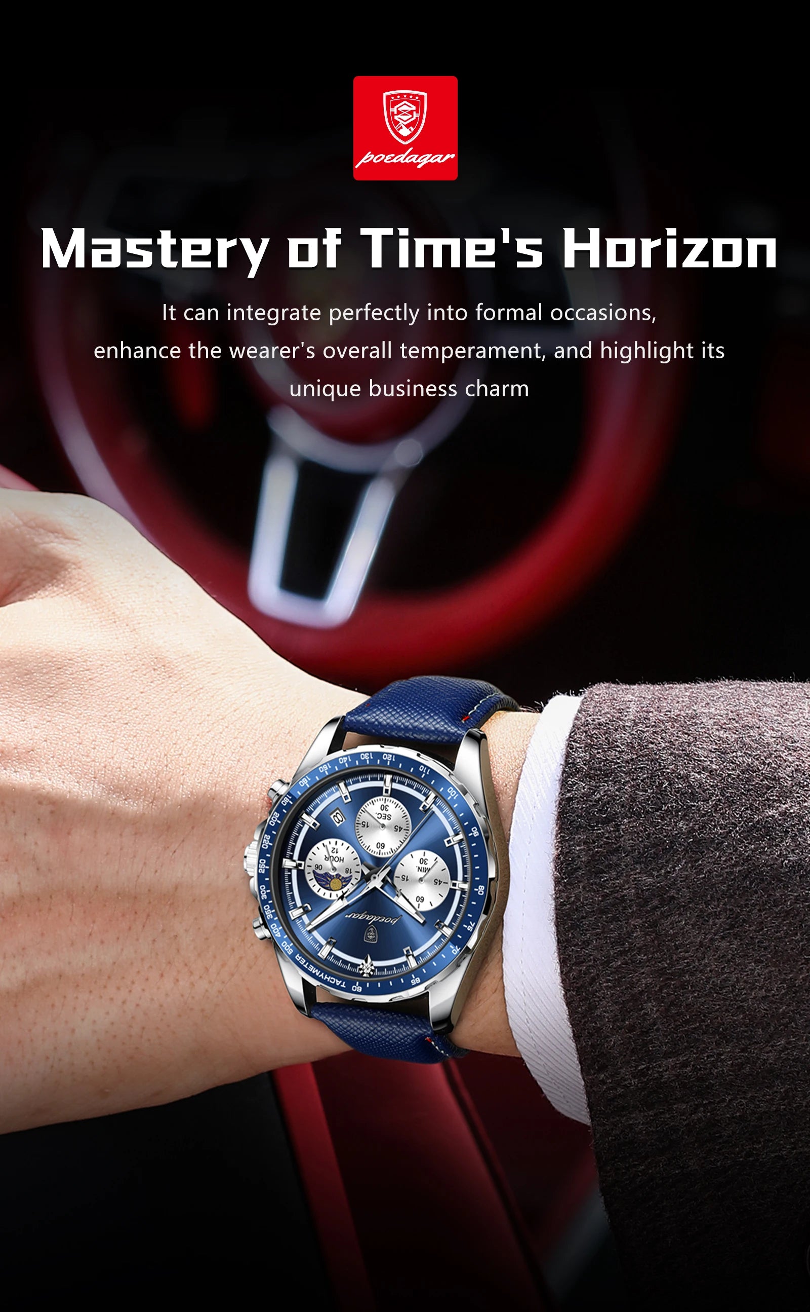 Leather Chronograph Watch – Luminous Dial with Date