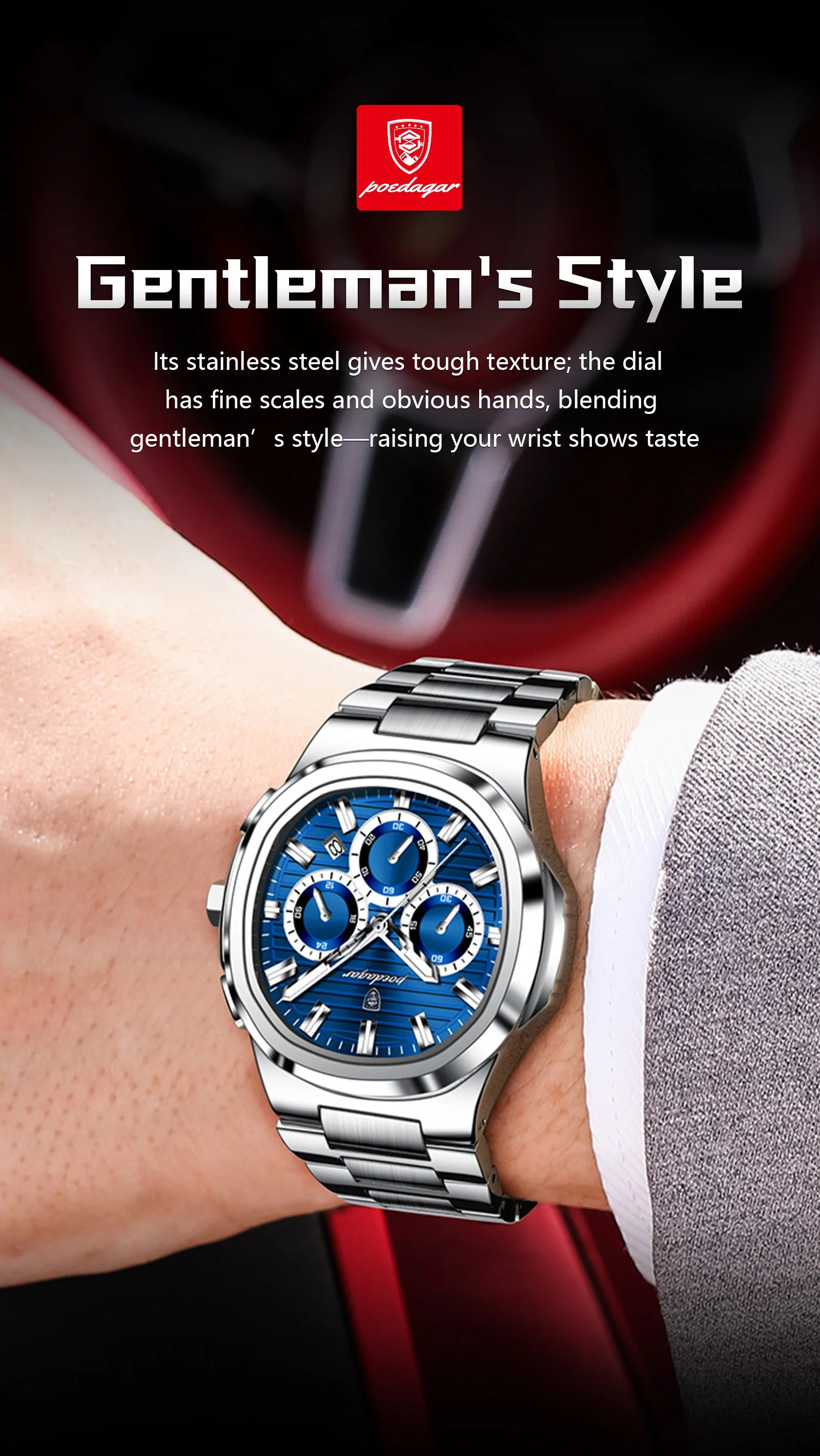 Square Chronograph Watch – Luxe Leather Strap with Luminous Dial & Date
