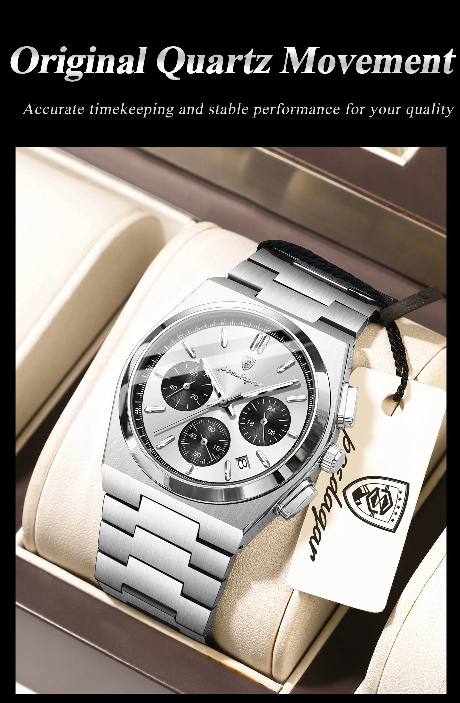 Chronograph Watch – Luminous Numberless Dial with Hidden Clasp